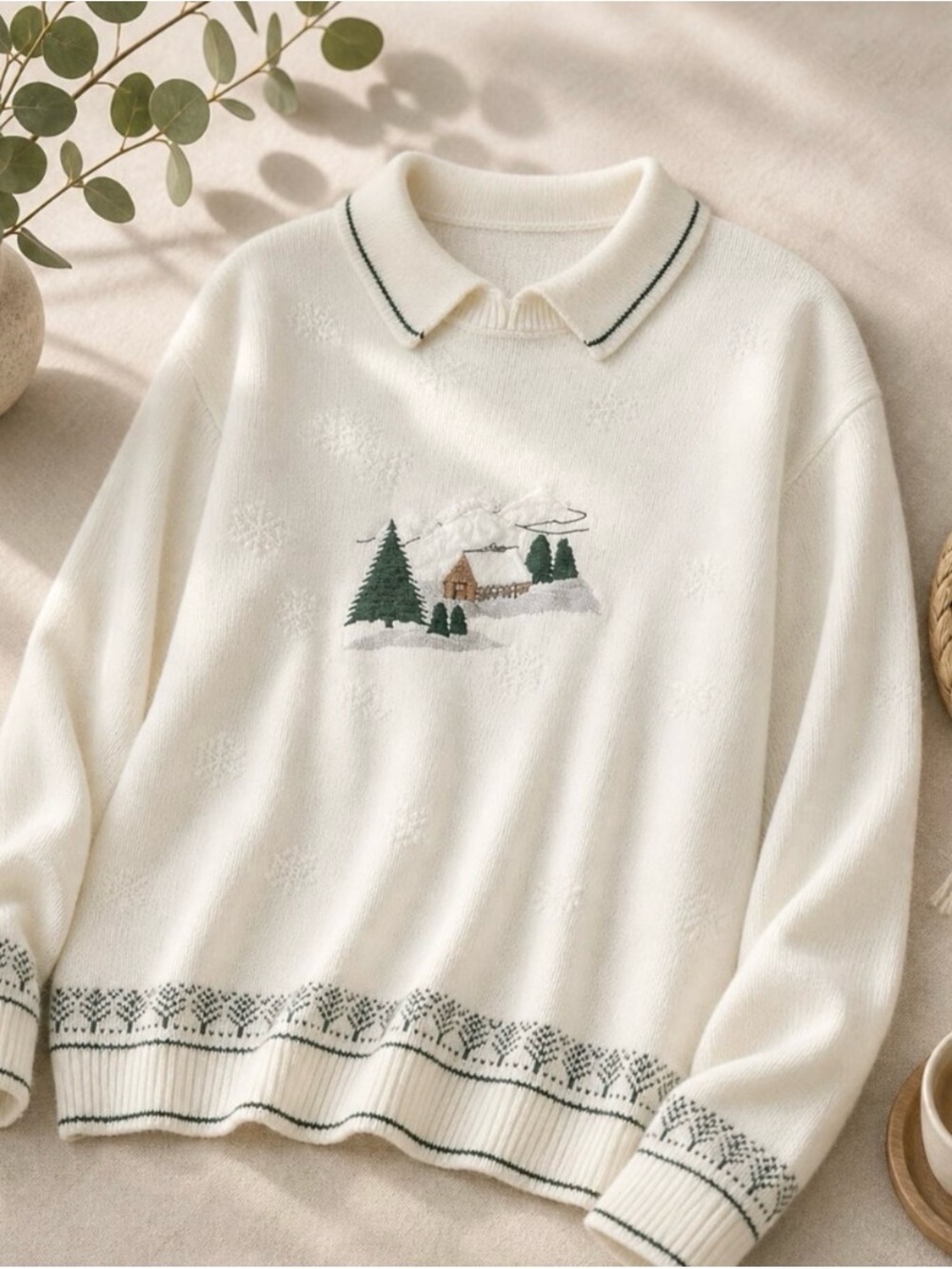 Vintage South Bay Collared Winter Cabin Embroidered Pullover Sweater - Women